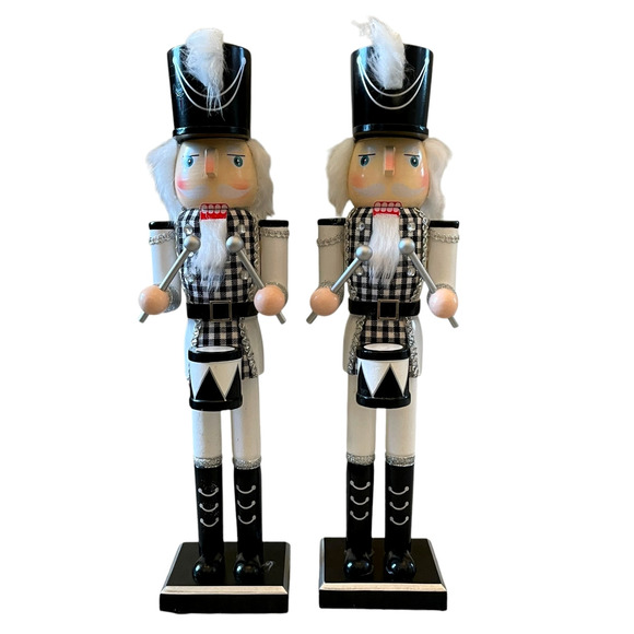 (2) Christmas Nutcracker Drummer Soldiers 14in Wood Black & White Checkered New - Picture 1 of 15